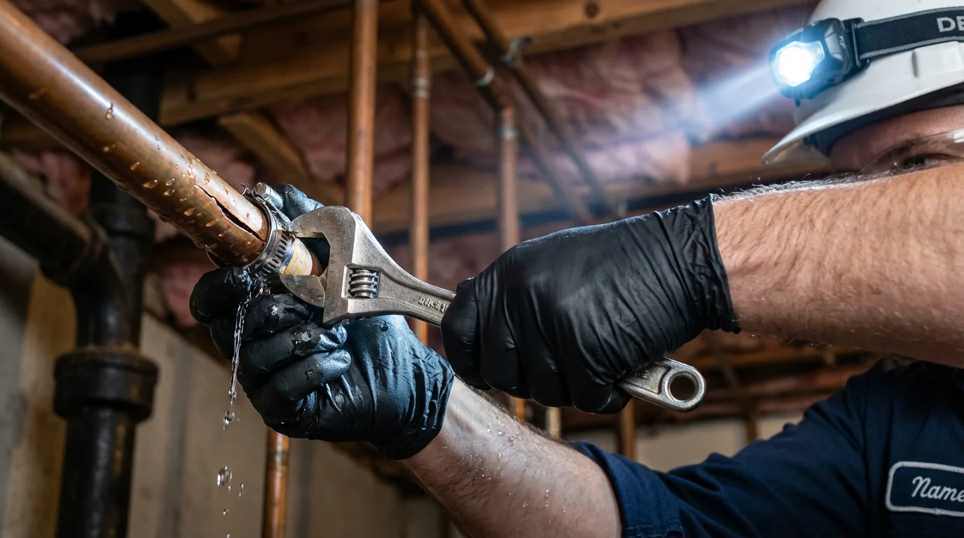 Emergency pipe clamp repair being performed by a Johns Plumbing LLC plumber in Carlton