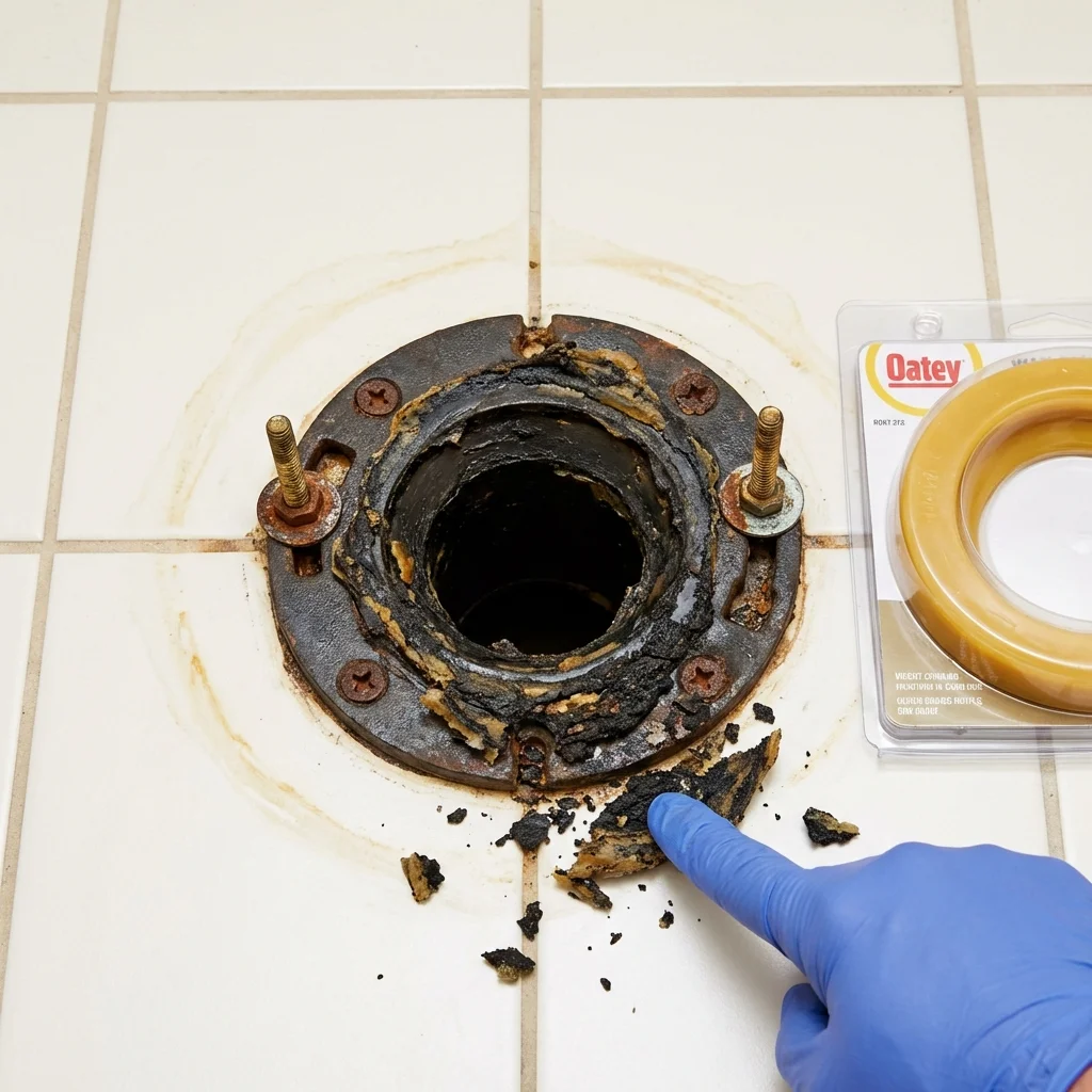 Failed wax ring showing water seepage at the base of a toilet in a Carlton, OR home