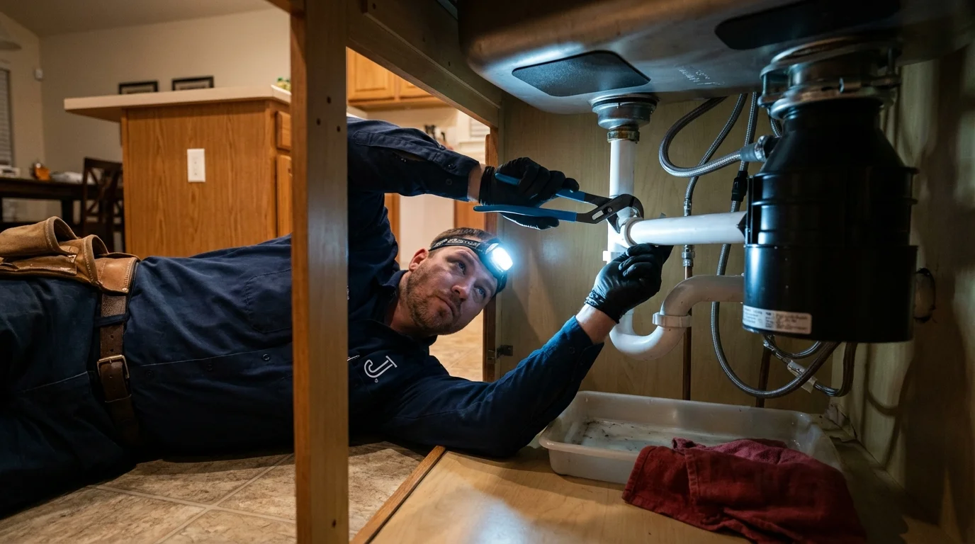 P-trap and supply line connections under a kitchen sink showing a common leak point in Carlton, OR